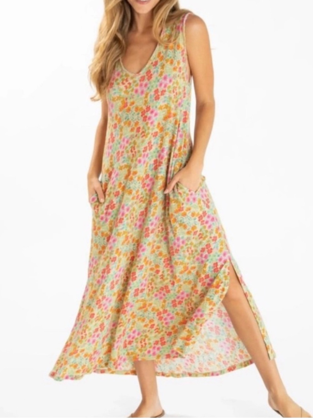 Natural Life Hangout Floral Cotton Knit Sleeveless Maxi Dress XS/S
